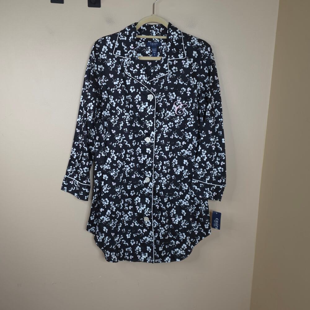 CHAPS Long Sleeve 100% Cotton Button Up Sleep Shirt Dress in Floral Size M